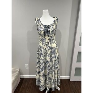 OSTOO Womens Cream Blue Floral Print Smocked Square Neck Maxi Dress M